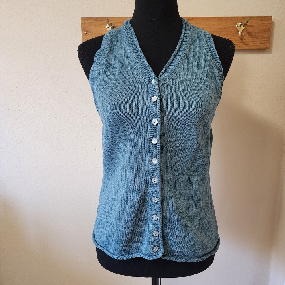 J. Jill Teal Sleeveless Button-Down Linen Blend Vest Top